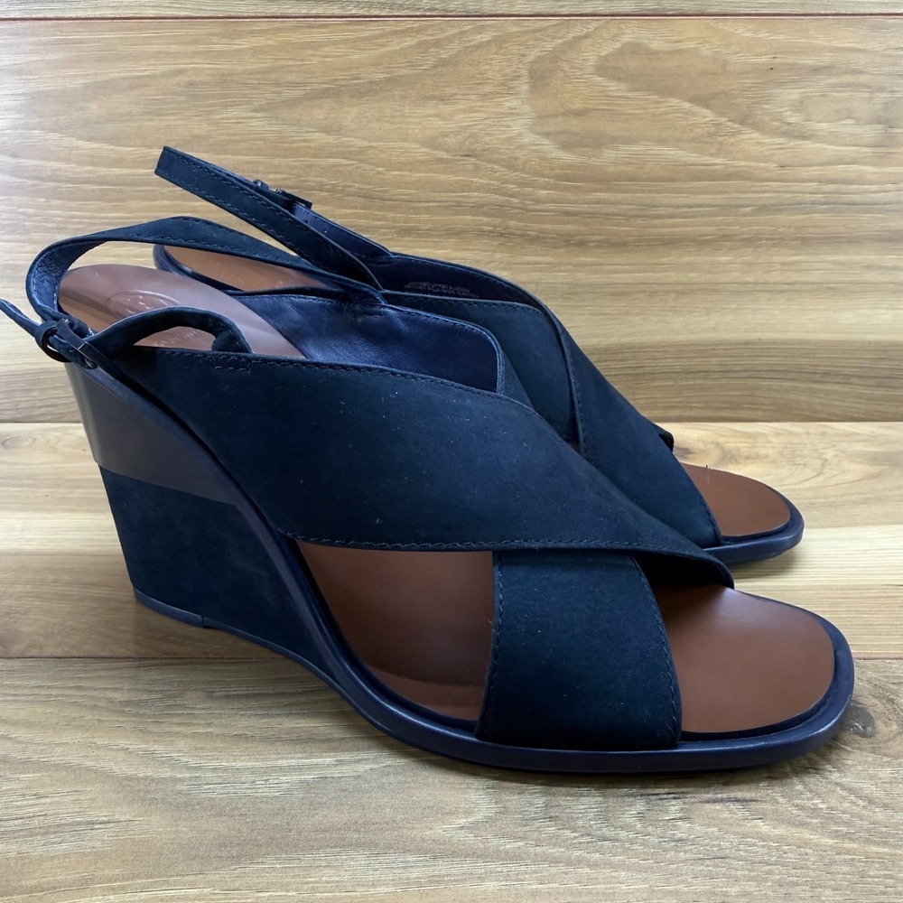 Tory Burch Gabrielle Wedge Slingback Sandals 10.5 M Navy Blue Suede Cross Strap - Picture 2 of 12
